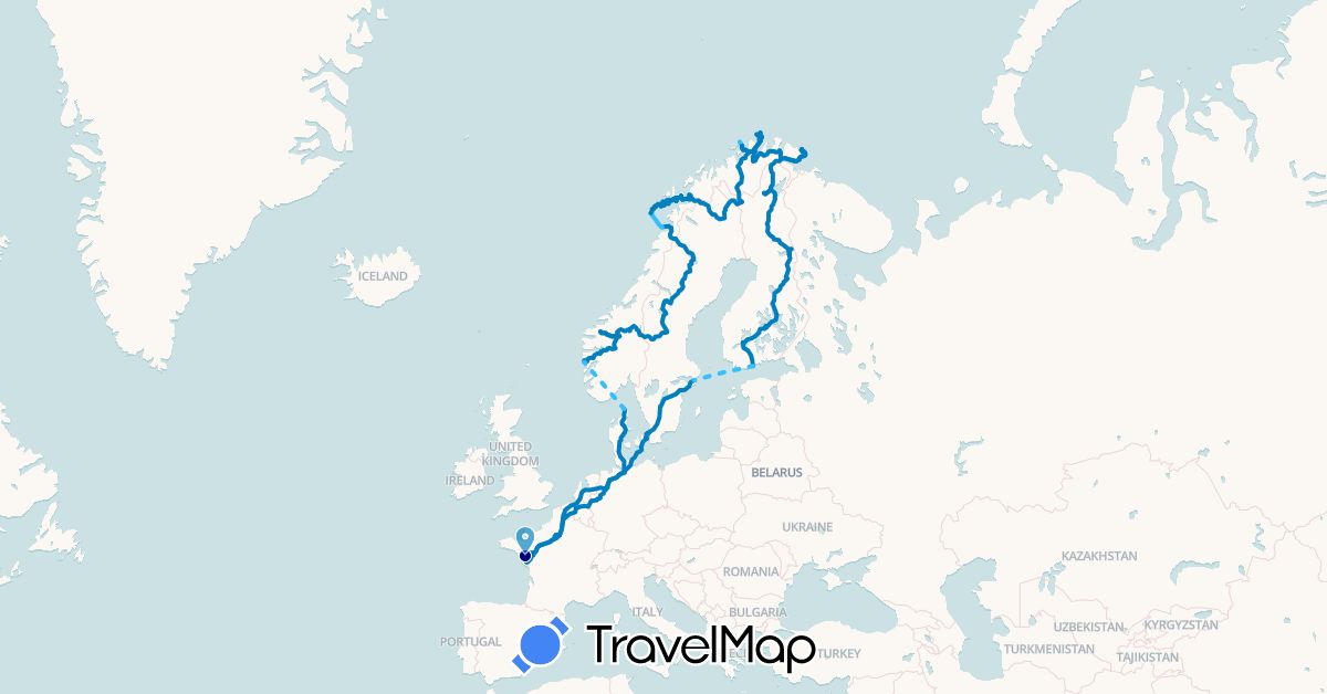 TravelMap itinerary: driving, boat, my princess combi t3 td 1985 in Belgium, Germany, Denmark, Finland, France, Norway, Sweden (Europe)